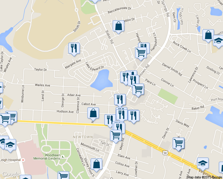 map of restaurants, bars, coffee shops, grocery stores, and more near 5800 Layton Street in Virginia Beach