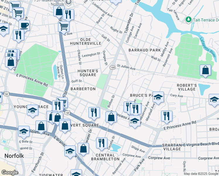 map of restaurants, bars, coffee shops, grocery stores, and more near 1013 Goff Street in Norfolk
