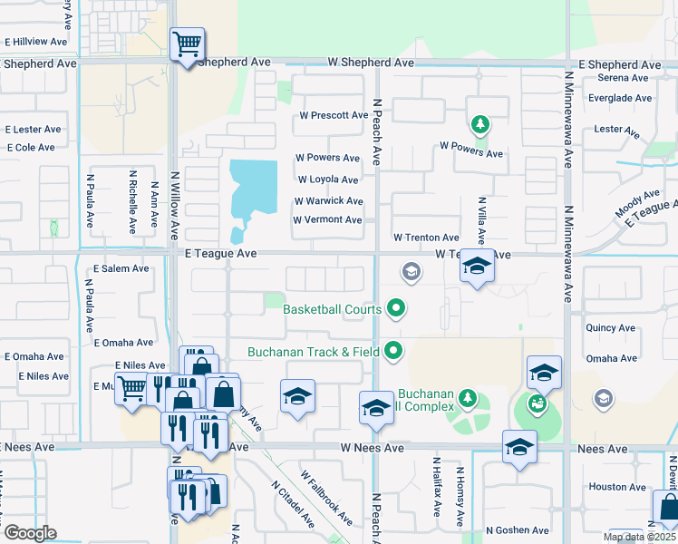 map of restaurants, bars, coffee shops, grocery stores, and more near 1584 North Middleburg Avenue in Clovis