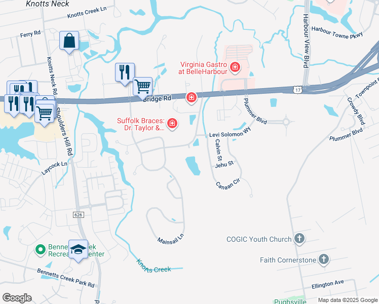 map of restaurants, bars, coffee shops, grocery stores, and more near 3900 Breezeport Way in Suffolk