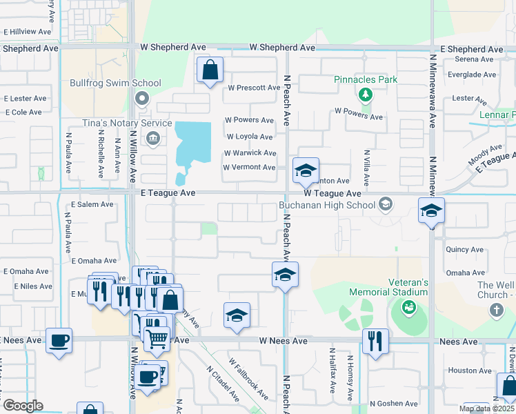 map of restaurants, bars, coffee shops, grocery stores, and more near 1584 North Middleburg Avenue in Clovis