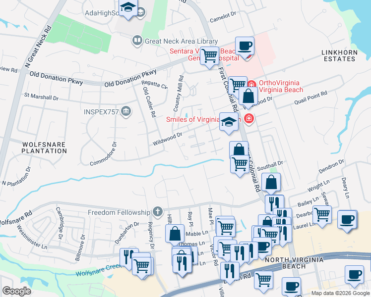 map of restaurants, bars, coffee shops, grocery stores, and more near 907 Wildwood Square Court in Virginia Beach