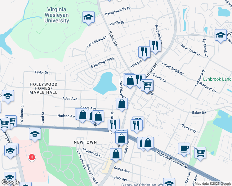 map of restaurants, bars, coffee shops, grocery stores, and more near 5820 Pickering Street in Virginia Beach