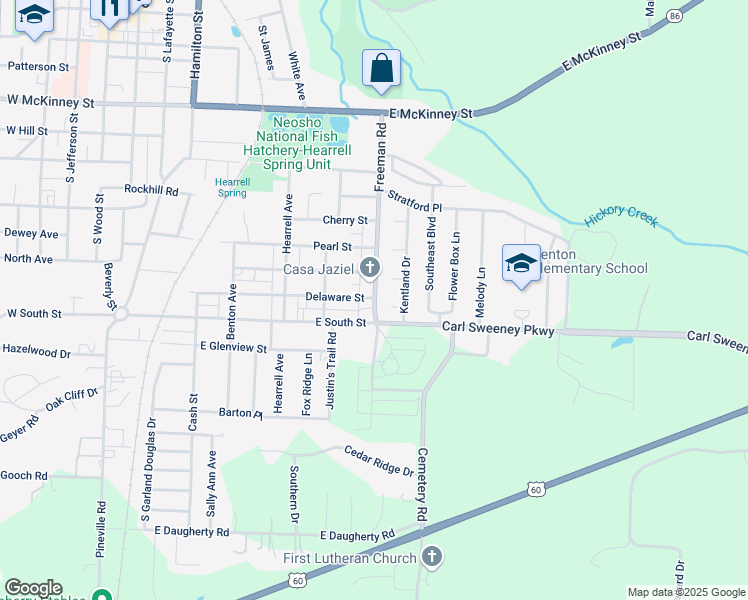 map of restaurants, bars, coffee shops, grocery stores, and more near 1106 Freeman Road in Neosho