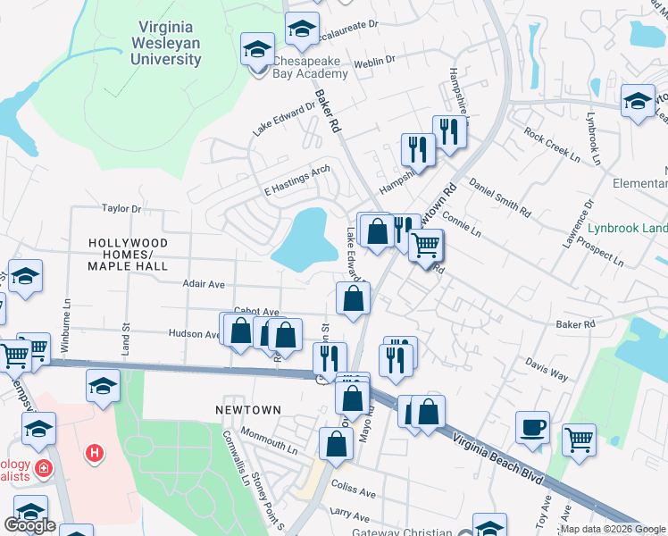 map of restaurants, bars, coffee shops, grocery stores, and more near 5800 Layton Street in Virginia Beach