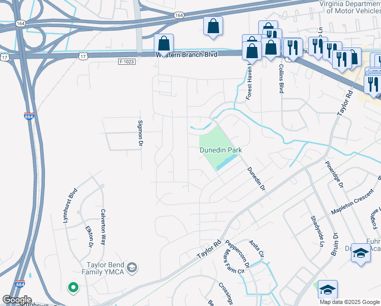 map of restaurants, bars, coffee shops, grocery stores, and more near 3433 Maori Drive in Chesapeake