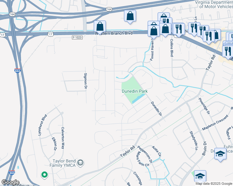 map of restaurants, bars, coffee shops, grocery stores, and more near 3433 Maori Drive in Chesapeake