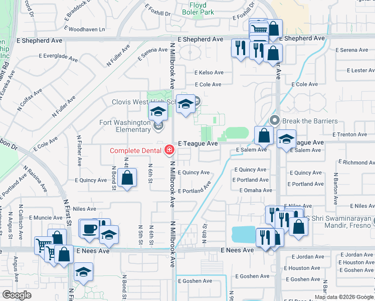 map of restaurants, bars, coffee shops, grocery stores, and more near 8440 North Millbrook Avenue in Fresno