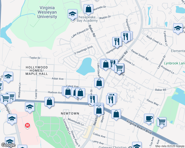 map of restaurants, bars, coffee shops, grocery stores, and more near 5817 Waxham Court in Virginia Beach