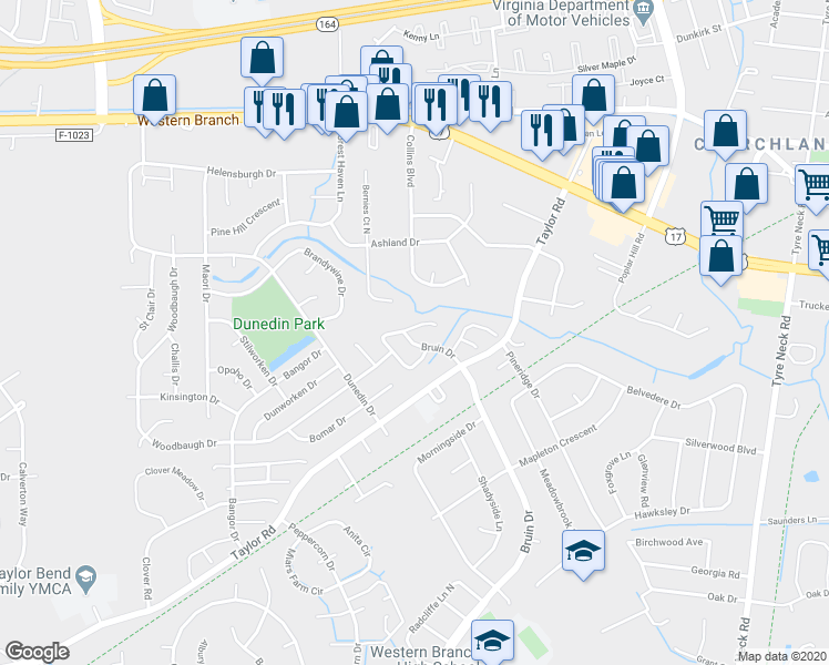 map of restaurants, bars, coffee shops, grocery stores, and more near 3704 Radford Circle in Chesapeake