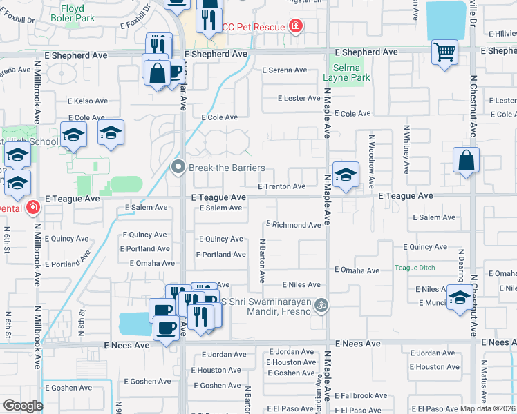 map of restaurants, bars, coffee shops, grocery stores, and more near 1711 East Trenton Avenue in Fresno