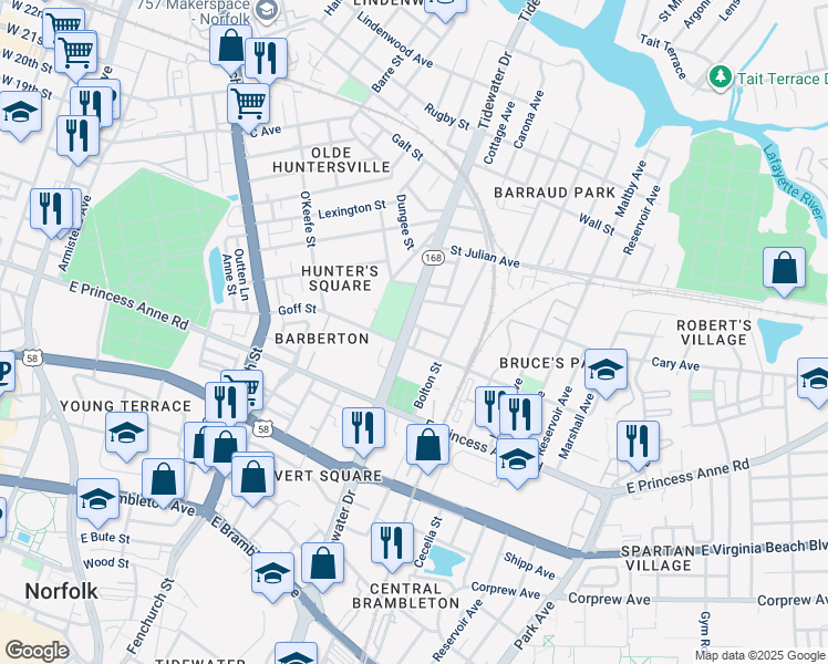 map of restaurants, bars, coffee shops, grocery stores, and more near 965 Denhart Street in Norfolk
