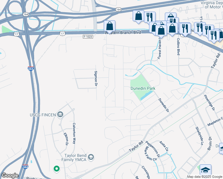 map of restaurants, bars, coffee shops, grocery stores, and more near 3436 Saint Clair Drive in Chesapeake