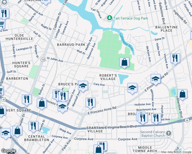map of restaurants, bars, coffee shops, grocery stores, and more near 1426 Lead Street in Norfolk