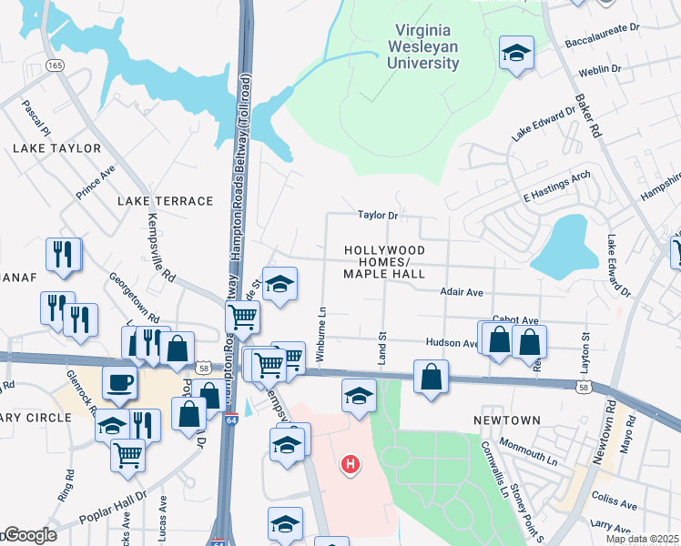 map of restaurants, bars, coffee shops, grocery stores, and more near 1166 Winburne Lane in Norfolk