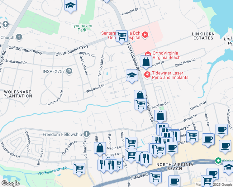 map of restaurants, bars, coffee shops, grocery stores, and more near 990 Thousand Oaks Drive in Virginia Beach
