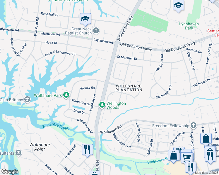 map of restaurants, bars, coffee shops, grocery stores, and more near 808 Earl of Balfon Court in Virginia Beach