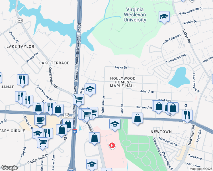 map of restaurants, bars, coffee shops, grocery stores, and more near 1166 Winburne Lane in Norfolk