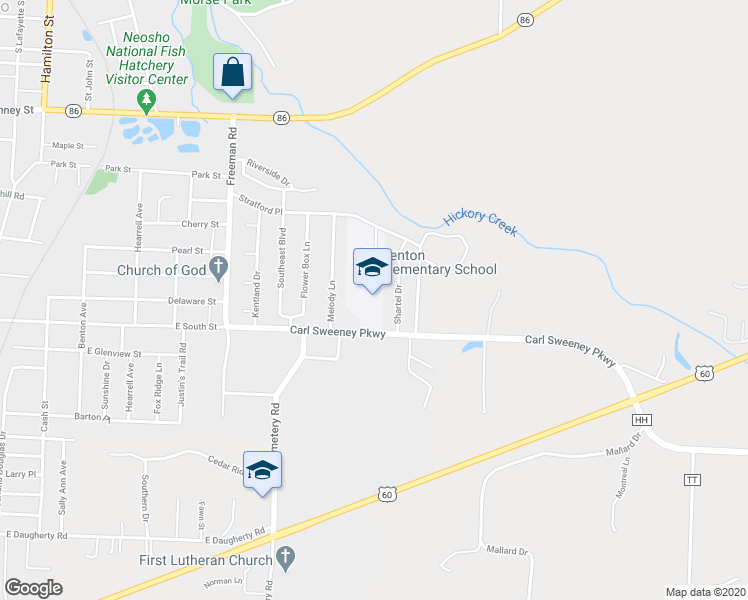 map of restaurants, bars, coffee shops, grocery stores, and more near 1120 Carl Sweeney Parkway in Neosho