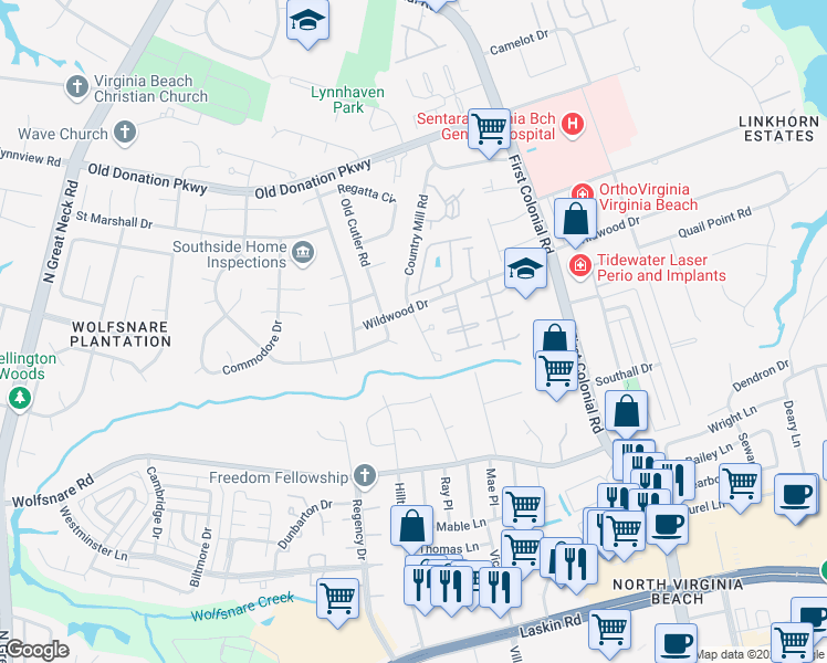 map of restaurants, bars, coffee shops, grocery stores, and more near 937 Wildwood Square Court in Virginia Beach