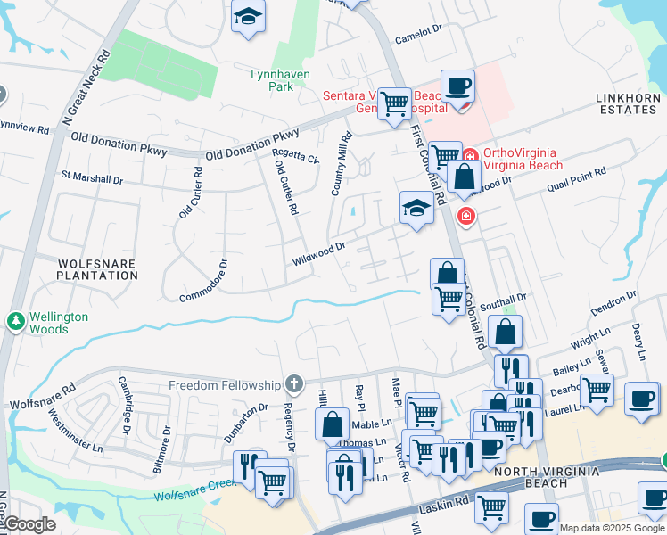 map of restaurants, bars, coffee shops, grocery stores, and more near 937 Wildwood Square Court in Virginia Beach