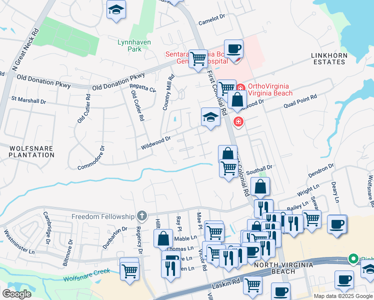 map of restaurants, bars, coffee shops, grocery stores, and more near 990 Thousand Oaks Drive in Virginia Beach