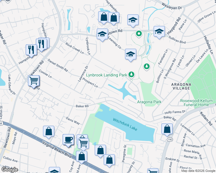 map of restaurants, bars, coffee shops, grocery stores, and more near 5432 Heatherton Court in Virginia Beach