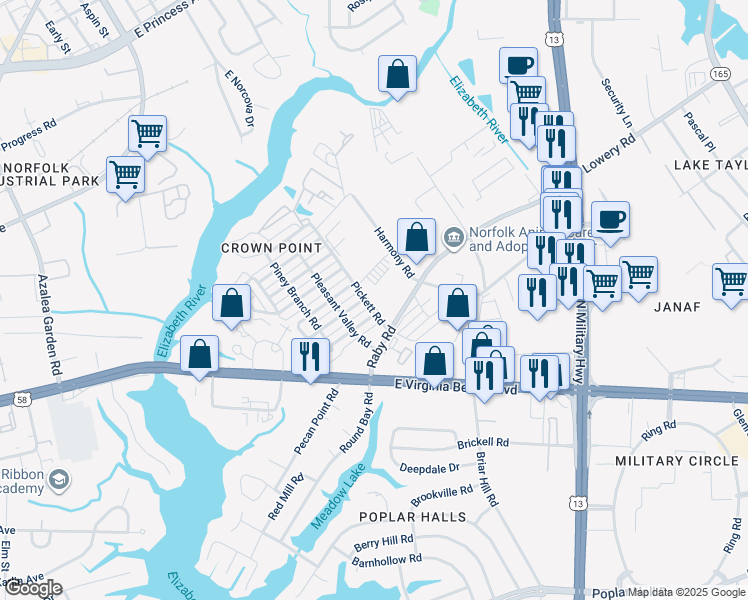 map of restaurants, bars, coffee shops, grocery stores, and more near 1120 Pickett Road in Norfolk