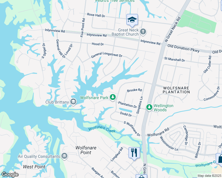 map of restaurants, bars, coffee shops, grocery stores, and more near 2356 North Wolfsnare Drive in Virginia Beach