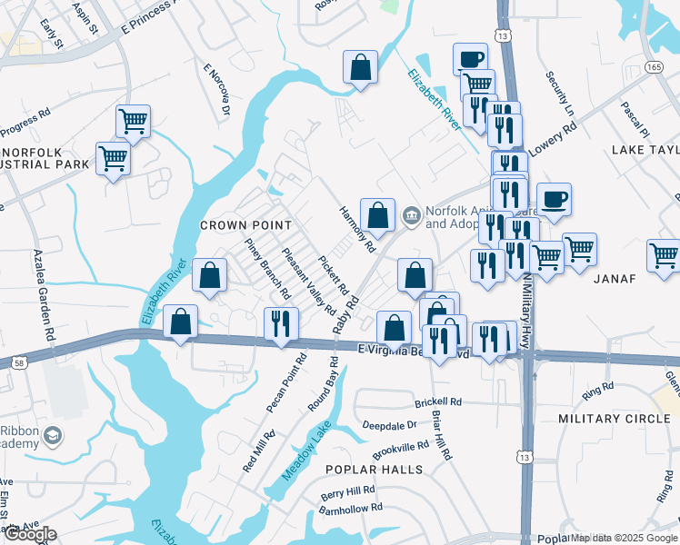 map of restaurants, bars, coffee shops, grocery stores, and more near 1120 Pickett Road in Norfolk