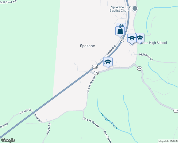 map of restaurants, bars, coffee shops, grocery stores, and more near 11500 Missouri 176 in Spokane