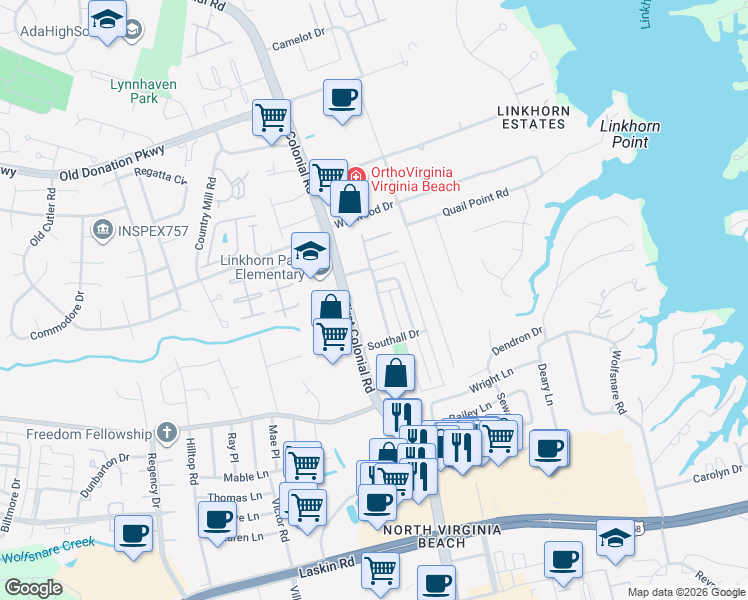 map of restaurants, bars, coffee shops, grocery stores, and more near 1067 Colonial Meadows Way in Virginia Beach