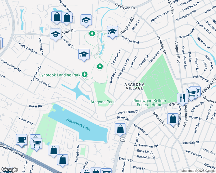 map of restaurants, bars, coffee shops, grocery stores, and more near 649 Bottino Lane in Virginia Beach