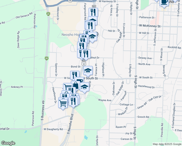map of restaurants, bars, coffee shops, grocery stores, and more near 805-811 Wornall Street in Neosho