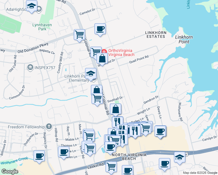 map of restaurants, bars, coffee shops, grocery stores, and more near 1067 Colonial Meadows Way in Virginia Beach