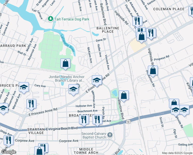 map of restaurants, bars, coffee shops, grocery stores, and more near 1429 Godfrey Avenue in Norfolk