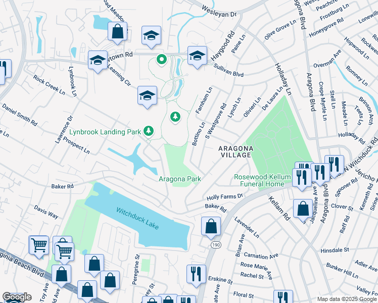 map of restaurants, bars, coffee shops, grocery stores, and more near 649 Bottino Lane in Virginia Beach