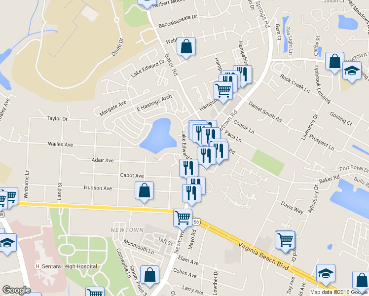 map of restaurants, bars, coffee shops, grocery stores, and more near 5717 Volsung Court in Virginia Beach
