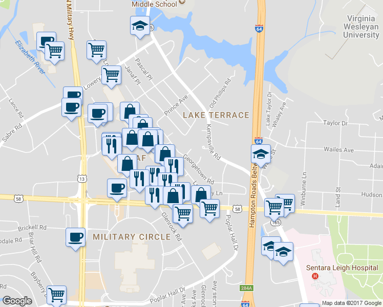 map of restaurants, bars, coffee shops, grocery stores, and more near 5961 Greenwich Avenue in Norfolk