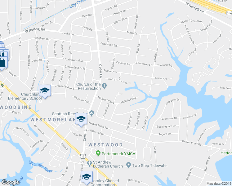 map of restaurants, bars, coffee shops, grocery stores, and more near 3512 Canterbury Drive in Portsmouth
