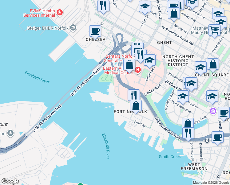 map of restaurants, bars, coffee shops, grocery stores, and more near 301 Riverview Avenue in Norfolk