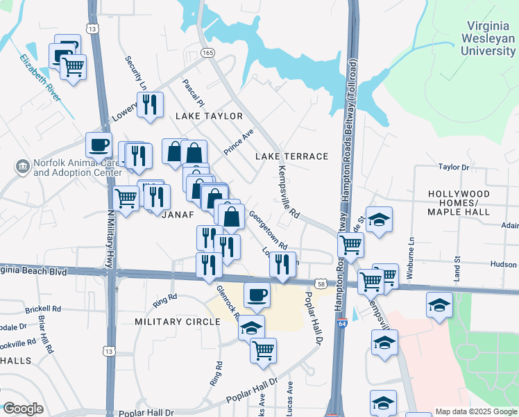 map of restaurants, bars, coffee shops, grocery stores, and more near 5961 Greenwich Avenue in Norfolk