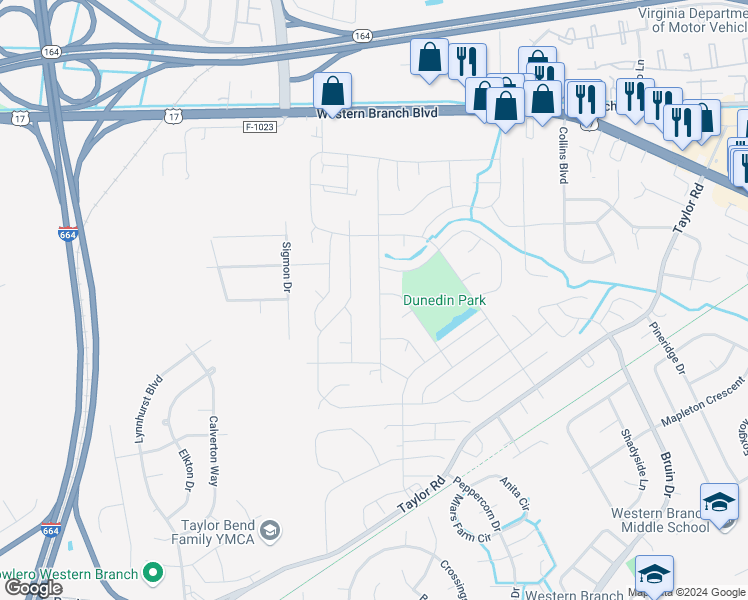 map of restaurants, bars, coffee shops, grocery stores, and more near 3436 Maori Drive in Chesapeake
