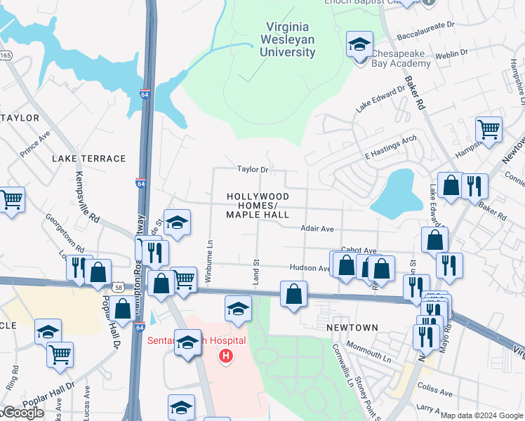 map of restaurants, bars, coffee shops, grocery stores, and more near 1176 Land Street in Norfolk