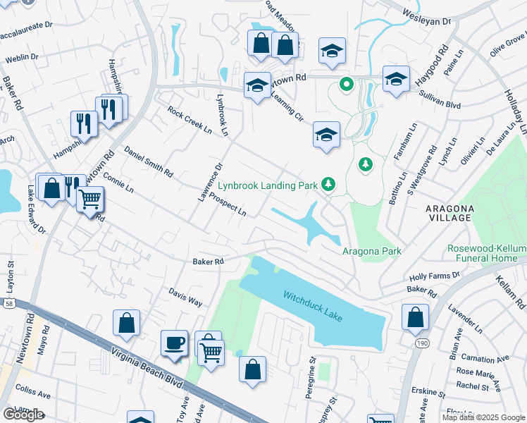 map of restaurants, bars, coffee shops, grocery stores, and more near 5464 Sweetwater Court in Virginia Beach