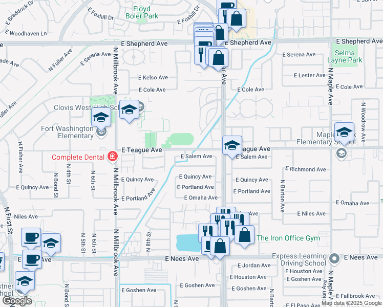 map of restaurants, bars, coffee shops, grocery stores, and more near 1334 East Salem Avenue in Fresno