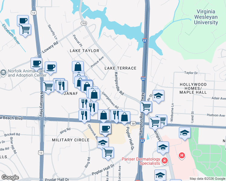 map of restaurants, bars, coffee shops, grocery stores, and more near 1107 Kempsville Road in Norfolk