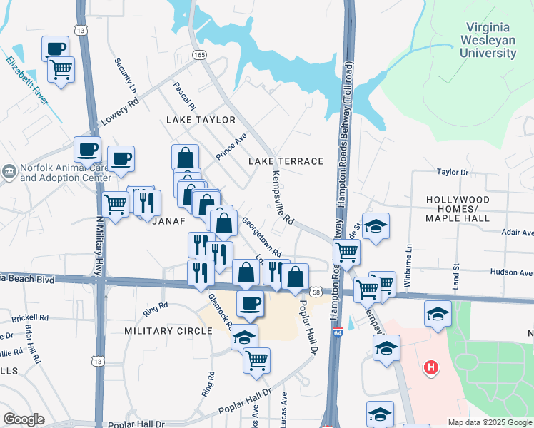 map of restaurants, bars, coffee shops, grocery stores, and more near 5981 Monaco Court in Norfolk