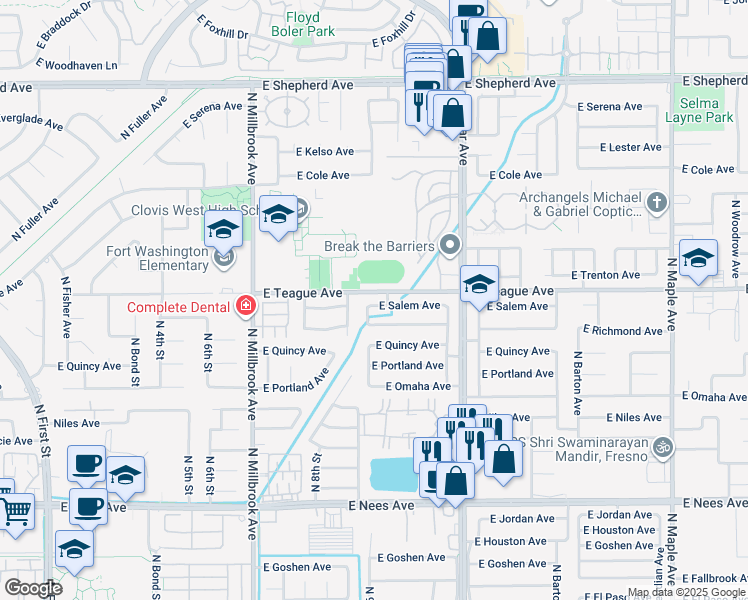 map of restaurants, bars, coffee shops, grocery stores, and more near 1316 East Salem Avenue in Fresno