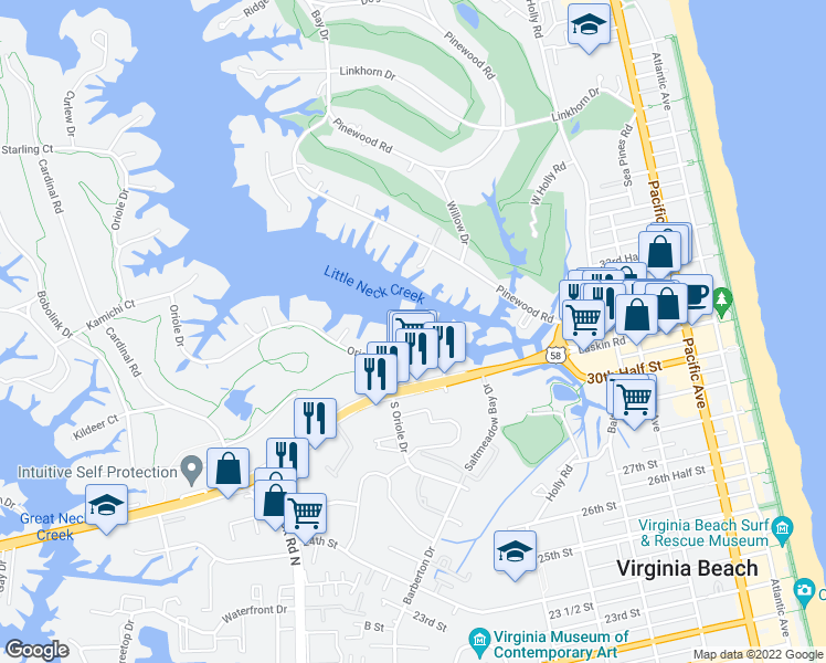 map of restaurants, bars, coffee shops, grocery stores, and more near 700 Oriole Drive in Virginia Beach